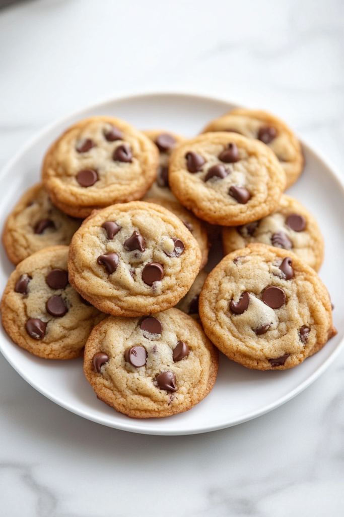 This image shows mini chocolate chip cookies cooling on a wire rack placed over a white marble cooktop.