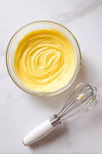mixed-cake-batter-in-clear-glass-bowl-with-hand-mixer-on-white-marble