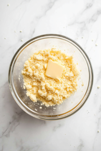 This image shows a glass bowl on a white marble counter with a creamy mixture of chicken soup, cheeses, and spices.