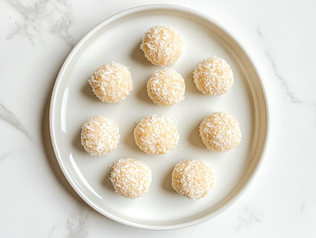 This image shows a clean and simple top-down view of Apple Coconut Bites served on a round white ceramic plate placed on a white marble countertop.