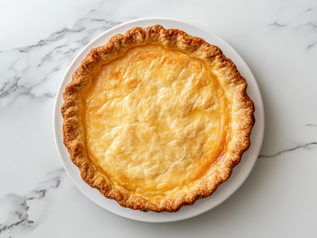 This image shows a perfectly baked Nanny’s Buttermilk Pie with a golden crust and glossy top, placed on a clean white marble surface in a silver metal pie pan.