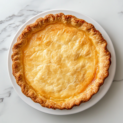 This image shows a perfectly baked Nanny’s Buttermilk Pie with a golden crust and glossy top, placed on a clean white marble surface in a silver metal pie pan.
