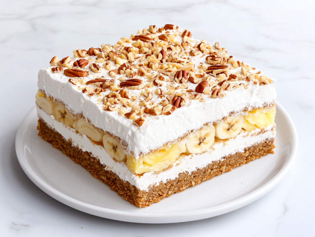 no-bake-banana-split-cake-served-chilled-in-white-ceramic-dish-on-marble