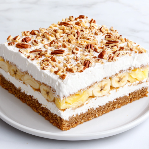 no-bake-banana-split-cake-served-chilled-in-white-ceramic-dish-on-marble
