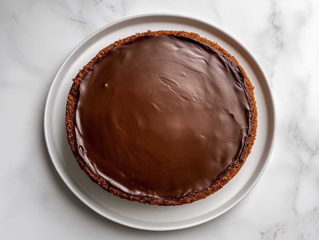 This image shows a finished no bake chocolate cheesecake, perfectly smooth and glossy, set on a clean white marble countertop with no other objects in the background.