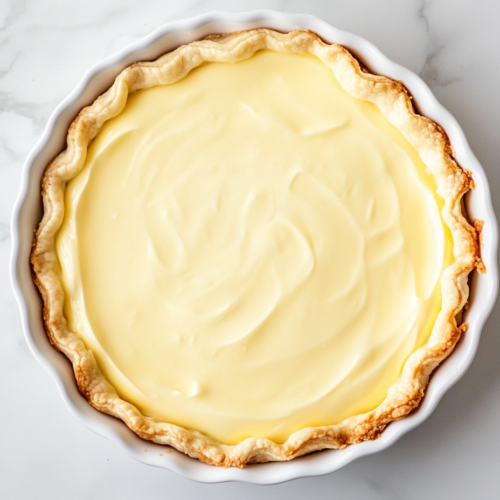 This image shows a beautifully sliced No Bake Lemon Pie in a golden graham cracker crust, displayed on a clean white marble countertop, photographed top-down with a crisp, minimalist look.