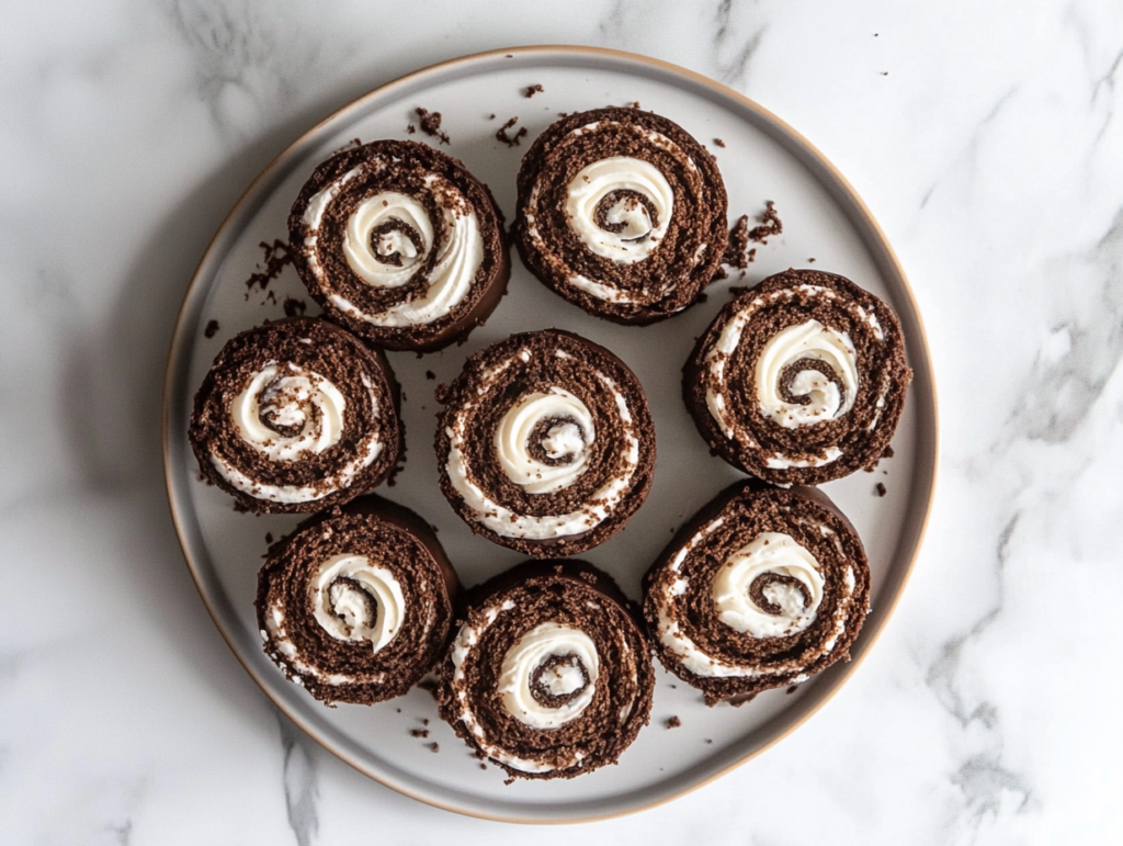 This image shows slices of chocolate Swiss roll served on a round white ceramic plate, featuring a rich chocolate exterior and clean white cream swirls, placed over a spotless white marble countertop.