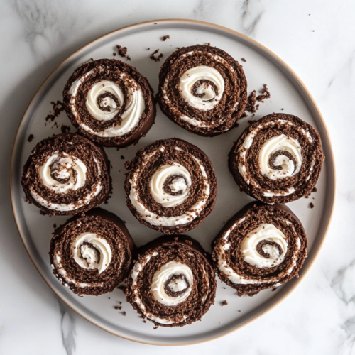 This image shows slices of chocolate Swiss roll served on a round white ceramic plate, featuring a rich chocolate exterior and clean white cream swirls, placed over a spotless white marble countertop.