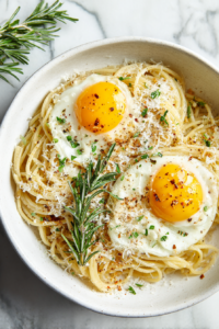 pasta-and-eggs-garnished-with-parmesan-on-white-marble