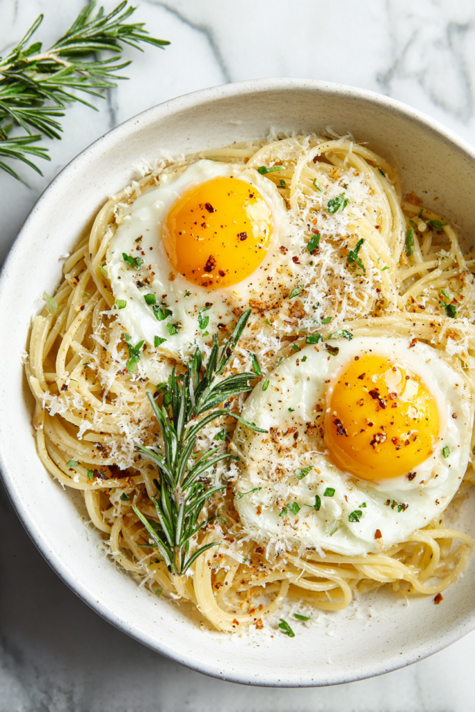 pasta-and-eggs-garnished-with-parmesan-on-white-marble