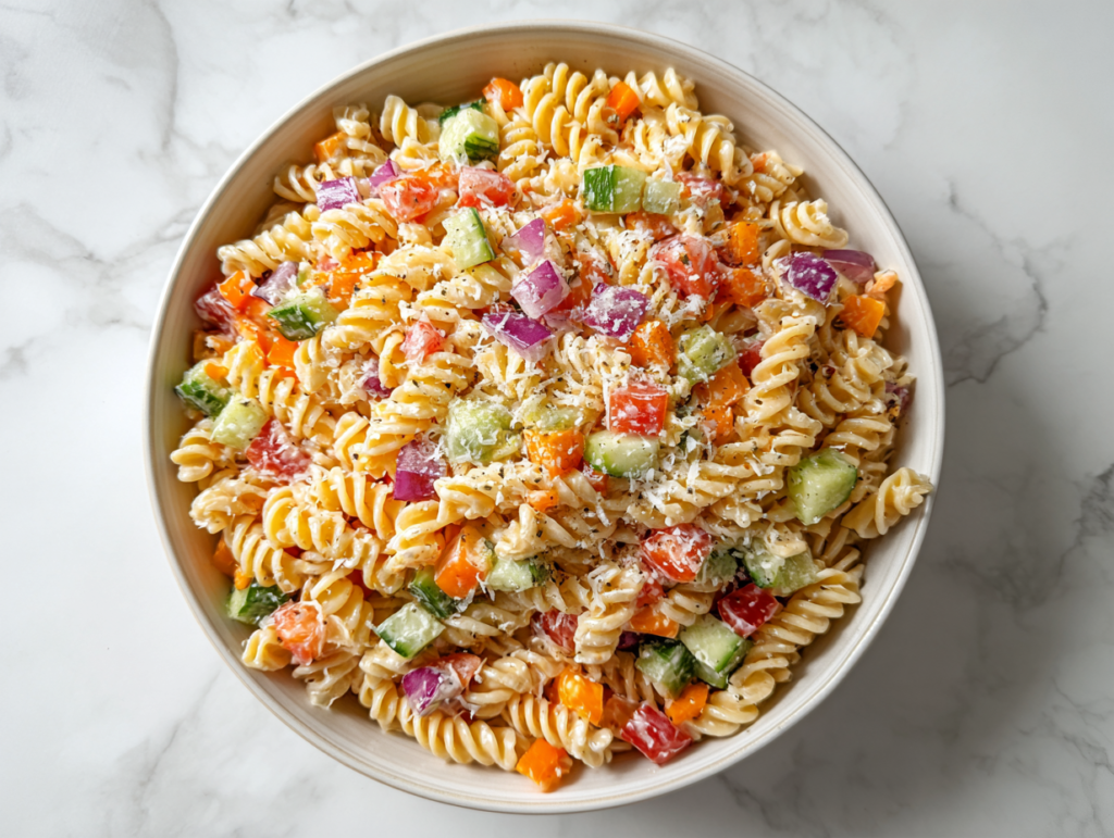 pasta-salad-colorful-veggies-in-white-ceramic-bowl