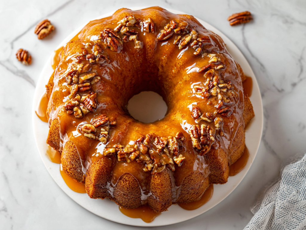 pecan-praline-bundt-cake-glazed-and-served-on-white-platter