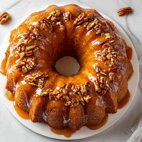 pecan-praline-bundt-cake-glazed-and-served-on-white-platter
