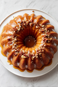 pecan-praline-bundt-cake-served-on-white-plate-with-caramel-drizzle-over-white-marble