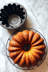 pecan-praline-cake-cooling-in-bundt-pan-on-wire-rack-over-white-marble