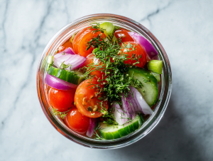 pickled-cherry-tomato-cucumber-red-onion-salad-in-clear-jar-over-white-marble