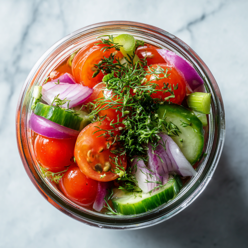 pickled-cherry-tomato-cucumber-red-onion-salad-in-clear-jar-over-white-marble