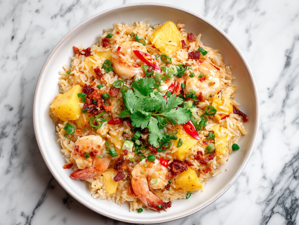 pineapple-chicken-rice-served-in-white-shallow-bowl-top-down