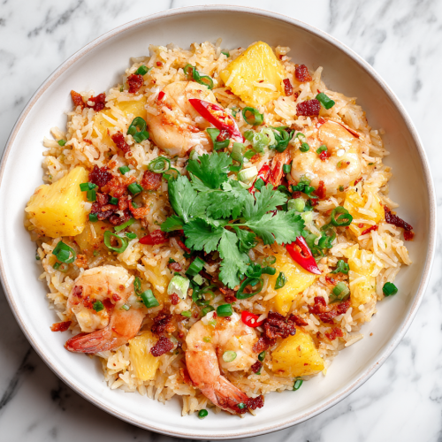 pineapple-chicken-rice-served-in-white-shallow-bowl-top-down