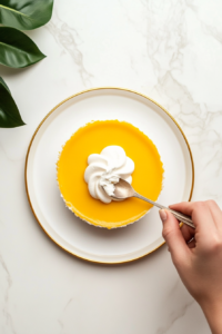 placing-whipped-cream-on-top-of-mango-cheesecake