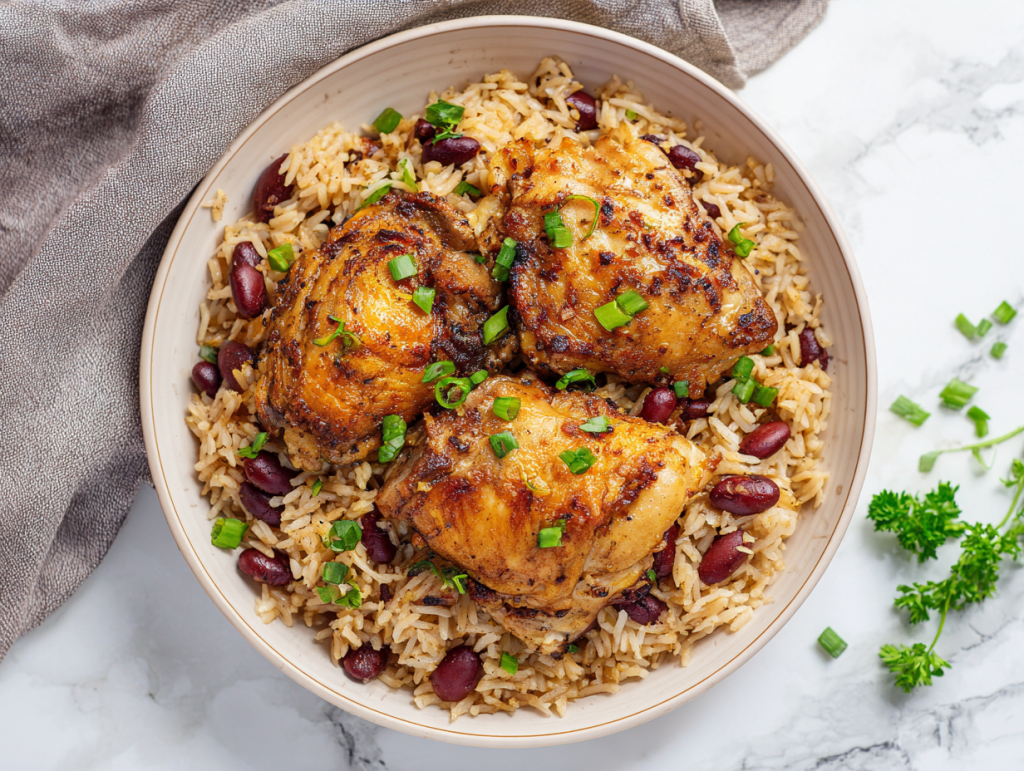 plated-caribbean-chicken-and-rice-on-white-marble-background