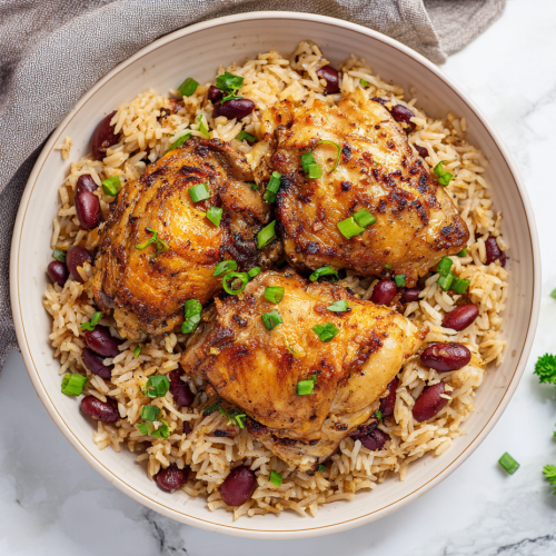 plated-caribbean-chicken-and-rice-on-white-marble-background