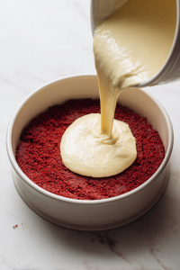 pouring-cheesecake-batter-over-cooled-cake-layers-on-white-marble