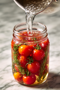 pouring-hot-brine-over-pricked-cherry-tomatoes-and-aromatics-in-glass-jar