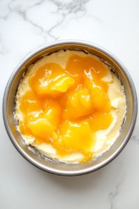 pouring-mango-jelly-over-cheesecake