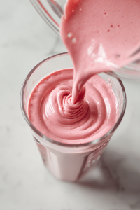 pouring_pink_smoothie_into_tall_clear_glass_on_white_marble