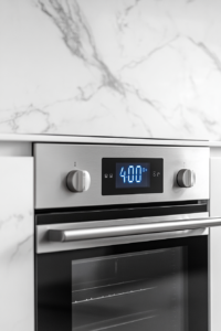This image shows a digital oven panel set to 400°F, signaling the preheating step for Mexican pizza preparation on a clean white marble surface.