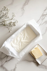 prepared-loaf-pan-lined-with-parchment-on-white-marble