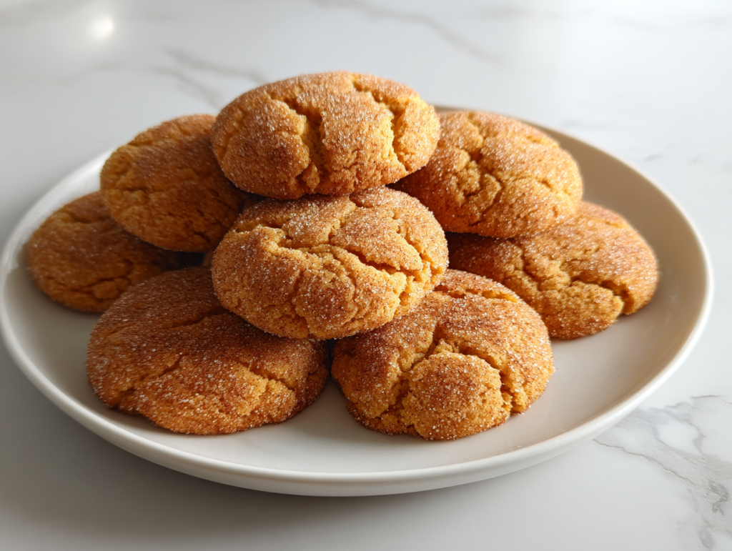 pumpkin-snickerdoodle-cookies-stacked-on-white-ceramic-plate