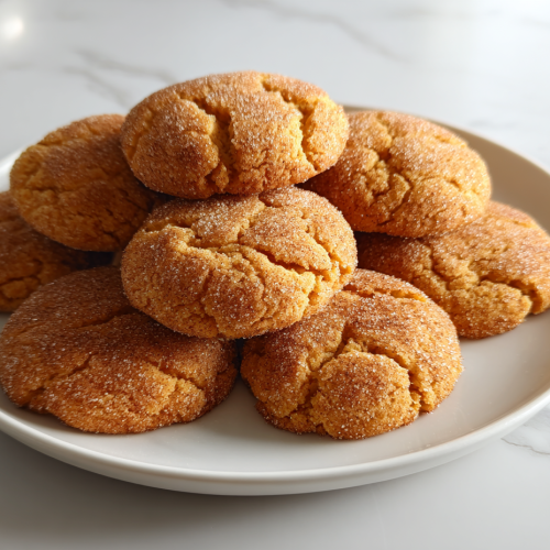 pumpkin-snickerdoodle-cookies-stacked-on-white-ceramic-plate