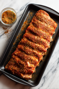 raw-ribs-coated-with-spice-rub-in-black-baking-tray