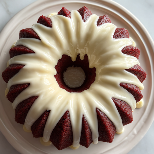 red-velvet-pound-cake-in-bundt-pan-with-poured-frosting-white-marble