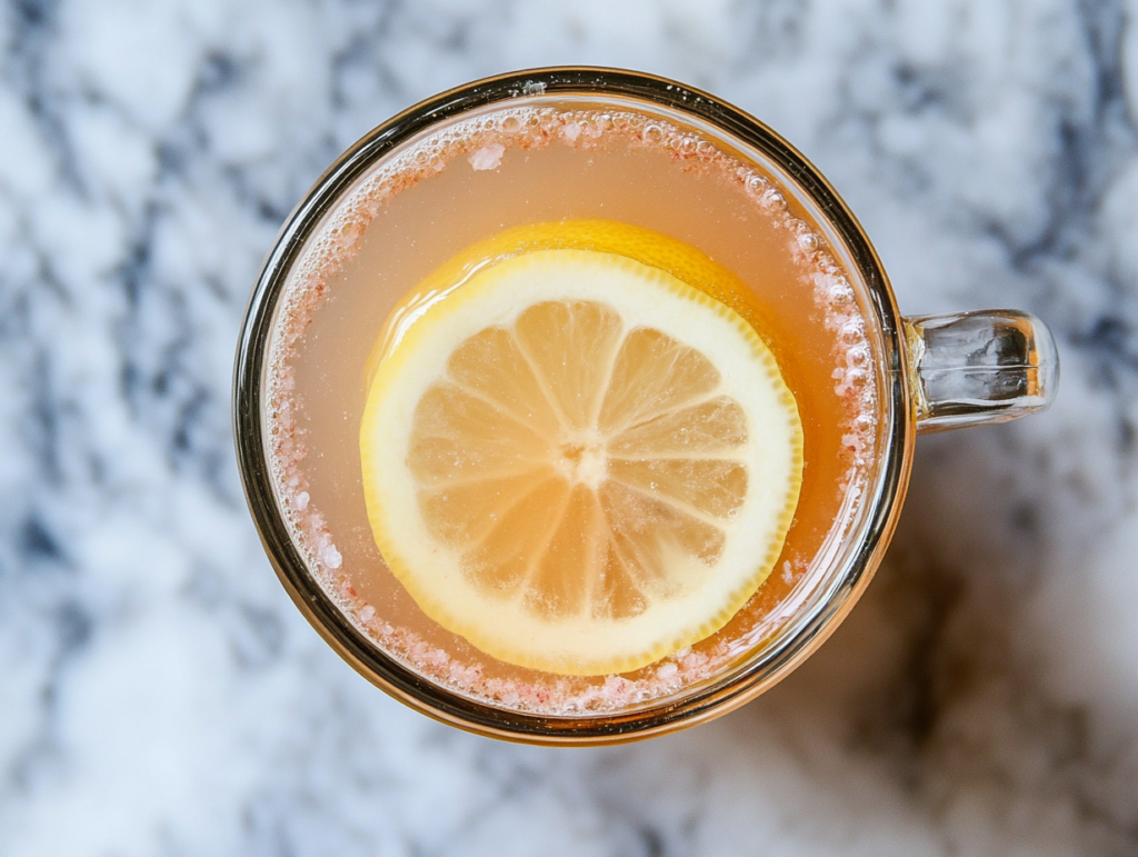 This image shows a clear glass filled with light pink detox water, sitting on a pristine white marble surface. A lemon wedge is perched on the rim, and the clean background enhances the simplicity of the drink.