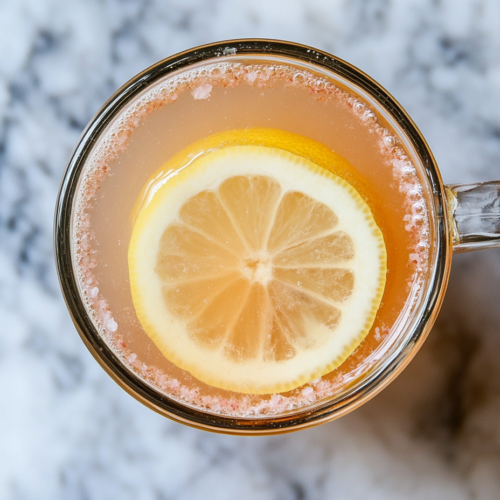 This image shows a clear glass filled with light pink detox water, sitting on a pristine white marble surface. A lemon wedge is perched on the rim, and the clean background enhances the simplicity of the drink.