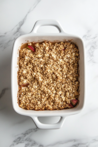 This image shows the rhubarb crisp baking inside the oven, viewed from above, with the oat topping golden and filling bubbling at the edges.