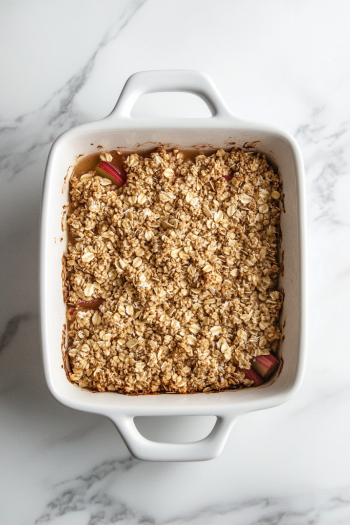 This image shows the rhubarb crisp baking inside the oven, viewed from above, with the oat topping golden and filling bubbling at the edges.