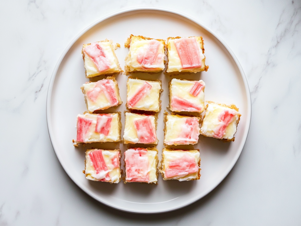 rhubarb-custard-bars-cut-on-white-round-ceramic-plate