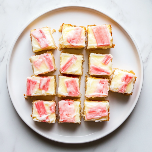 rhubarb-custard-bars-cut-on-white-round-ceramic-plate