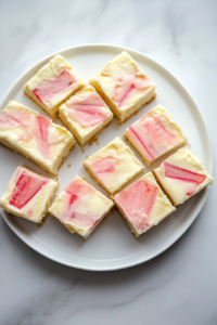 rhubarb-custard-bars-featured-top-down-on-white-marble