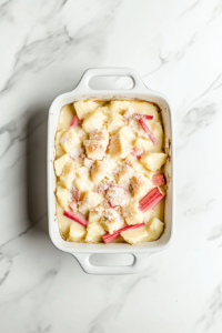 rhubarb-layer-over-crust-in-white-dish-with-oval-handles