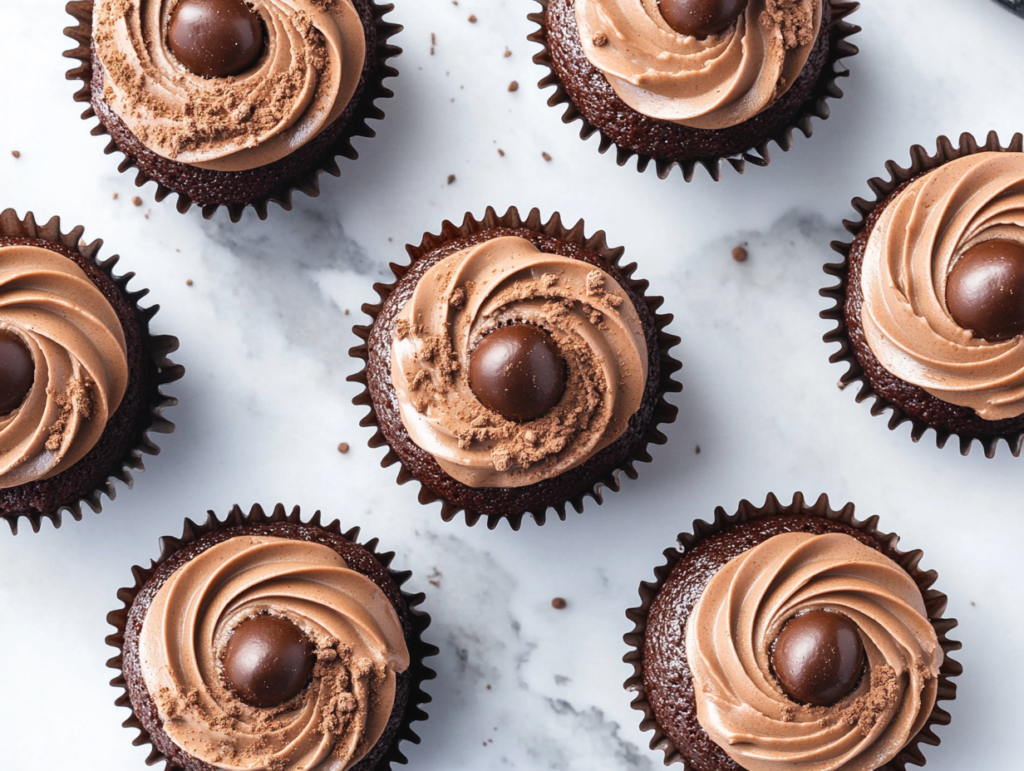 This image shows six decadent chocolate mocha cupcakes arranged on a white ceramic plate over a clean marble surface. Each cupcake is elegantly topped with swirled mocha frosting, a glossy ganache center, a chocolate-covered espresso bean, and a light dusting of cocoa.