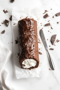 This image shows a chocolate Swiss roll log with a rich brown outer layer, rolled tightly on parchment paper on a white marble countertop.