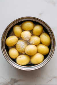 sea-salt-added-to-potatoes-in-stainless-steel-pot-on-white-marble
