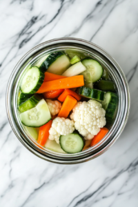 This image shows a sealed glass jar of homemade mixed pickles resting on a white marble surface, cooling after the brine has been added.