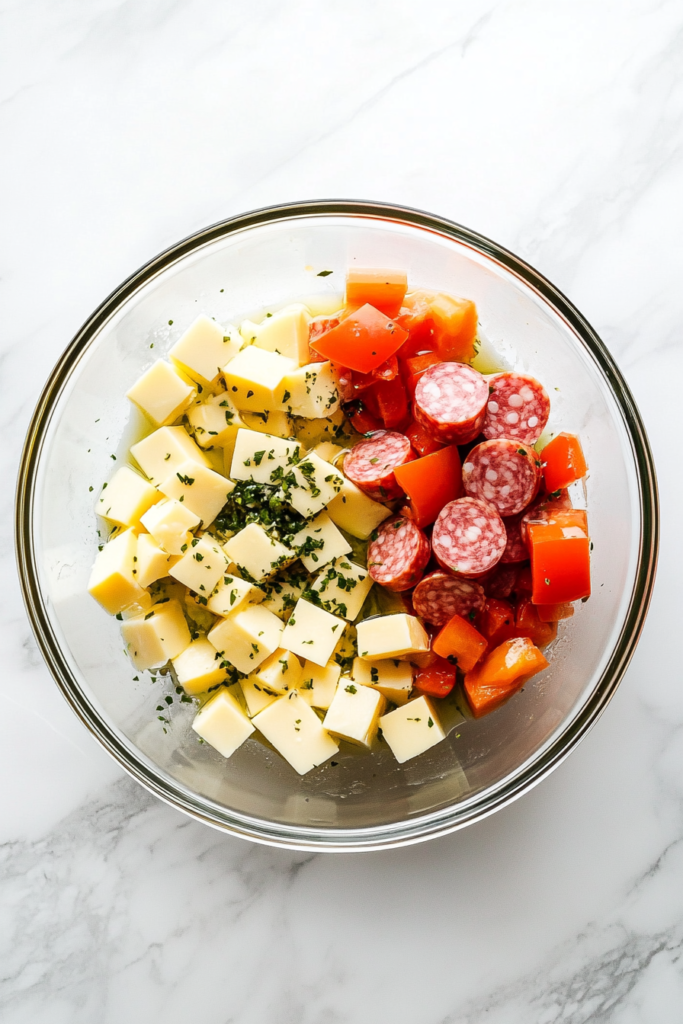 served-marinated-cheese-and-salami-from-jar-on-white-marble