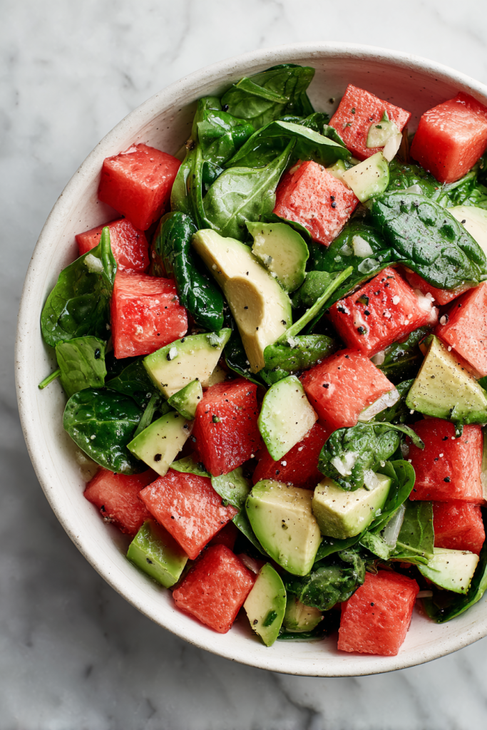 served-portion-of-watermelon-avocado-salad-in-white-bowl